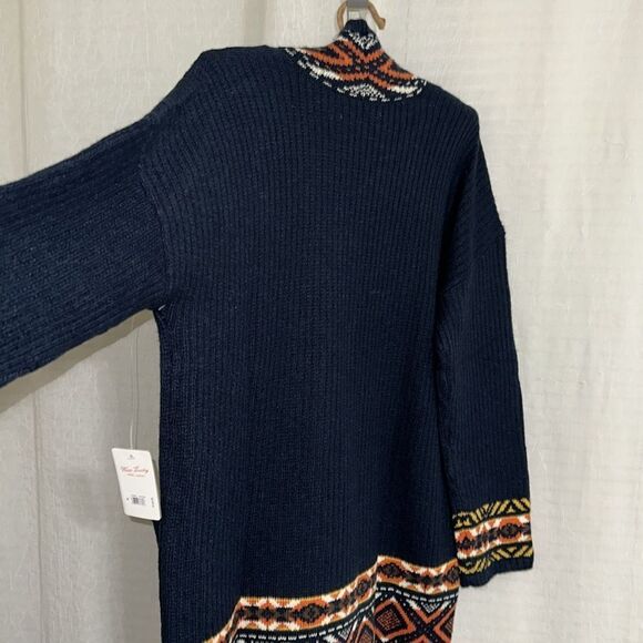 Lucky Brand Navy Orange White Gold Aztec Ribbed Knit Open Front Pocket Cardigan - Picture 11 of 12